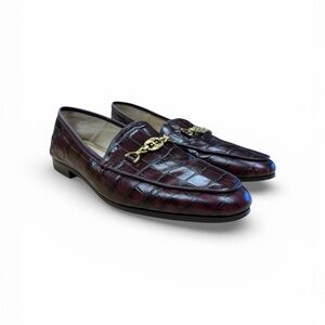 Sam Edelman Burgundy Croc-Embossed Loafers with Gold Detail